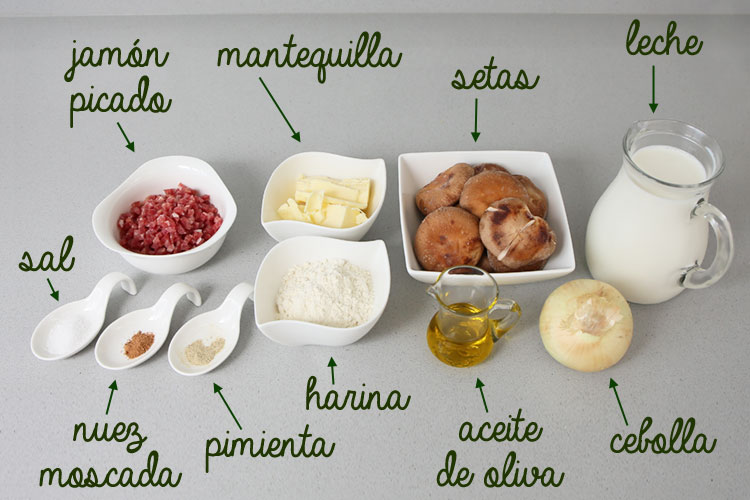 Ingredientes para hacer croquetas de setas y jamón