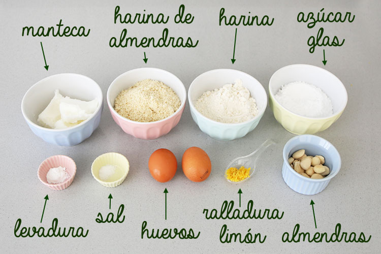 Ingredientes para hacer pastas de almendra caseras