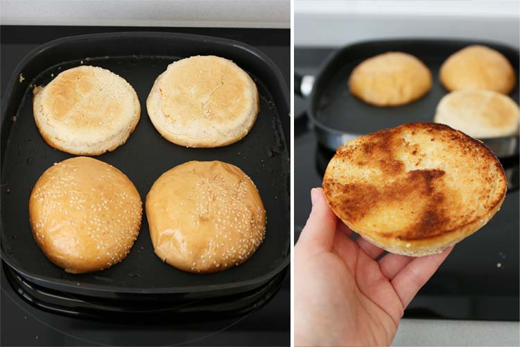 Pan de hamburguesa tostado en sartén