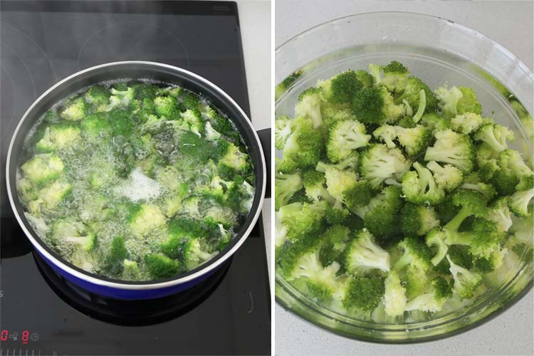 Hervir el brócoli y refrescar en agua con hielo
