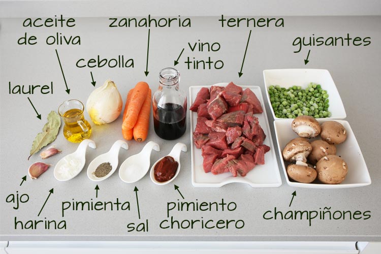 Ingredientes para hacer el estofado de ternera