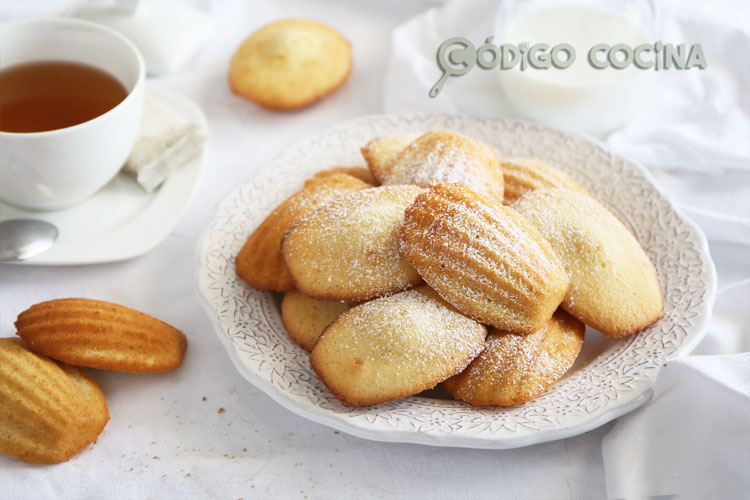 Madeleines de vainilla esponjosas espolvoreadas con azúcar glas