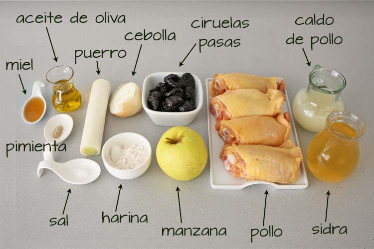 Ingredientes para hacer pollo con salsa de sidra y manzana