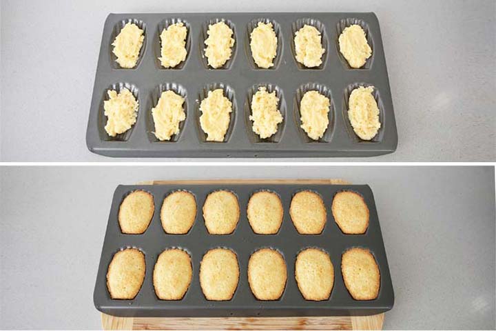 Molde para madeleines lleno con masa listo para hornear