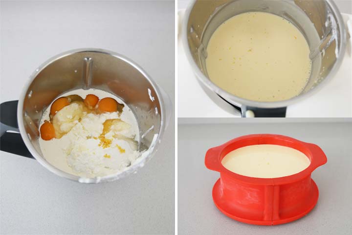 Ingredientes triturados para hacer tarta de queso ricotta