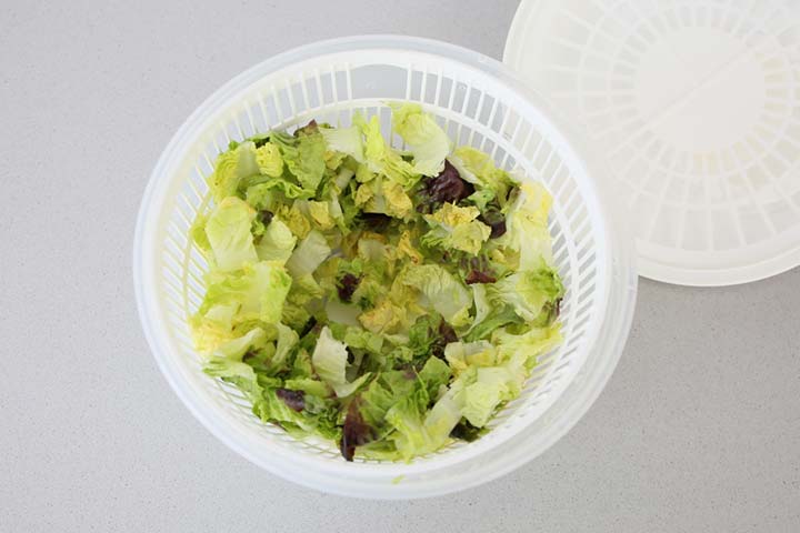 Hojas de lechuga troceadas y recién lavadas y escurridas