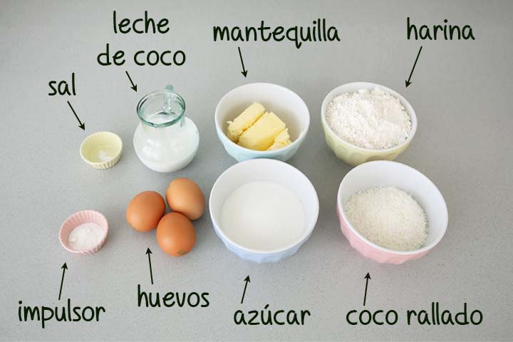 Ingredientes para hacer bizcocho de coco dispuestos en diferentes recipientes