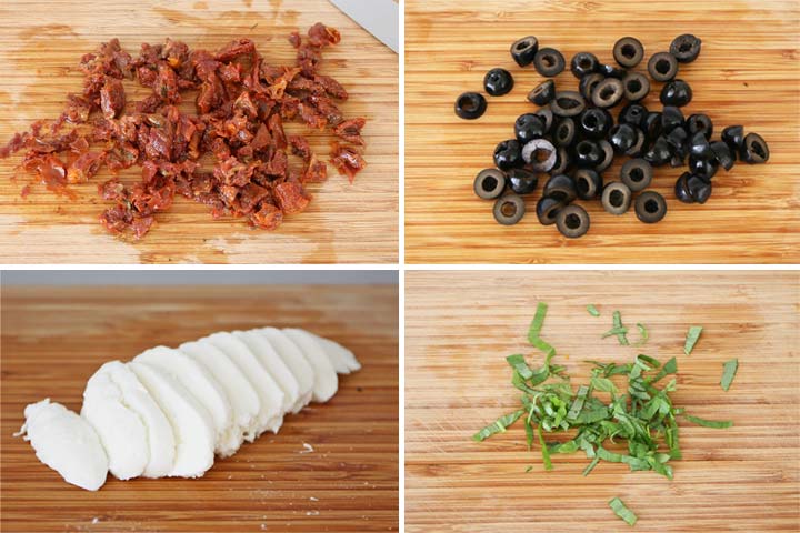 Ingredientes troceados para hacer ensalada estilo mediterráneo