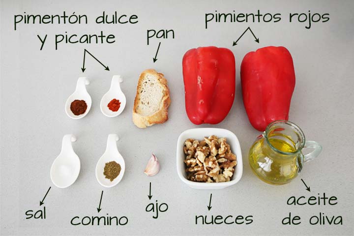 Ingredientes para hacer muhammara o paté de pimiento asado