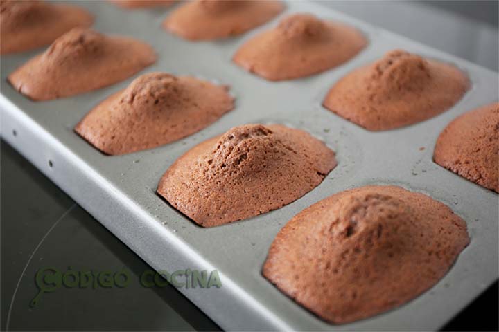 Madeleines de cacao recién horneadas dentro de un molde metálico.