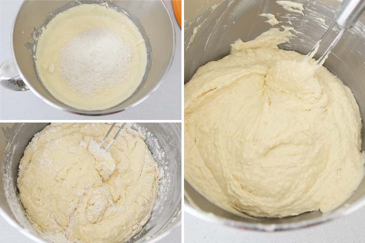 Añadir el coco, la harina, el impulsor y la sal a la masa de bizcocho