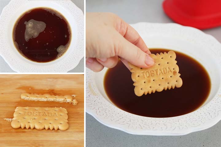 Mezclar el café con el azúcar y mojar las galletas