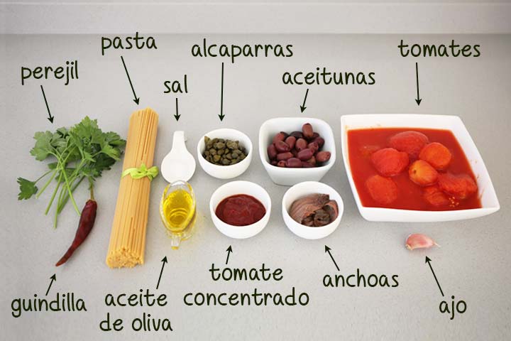 Ingredientes para hacer espaguetis a la puttanesca