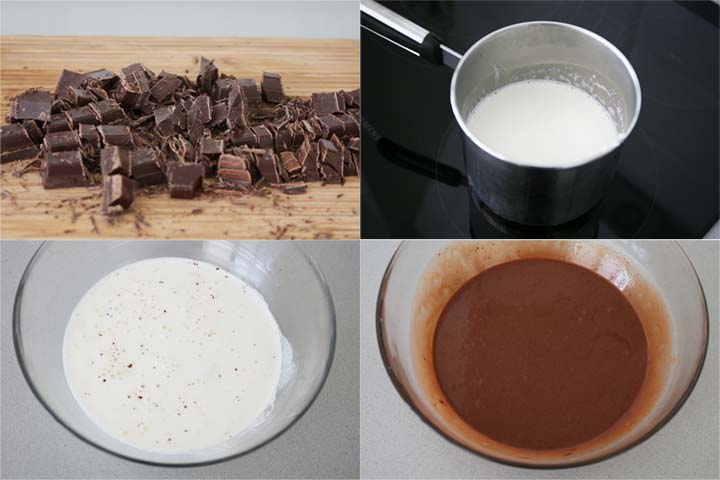 Calentar la nata y añadir el chocolate para hacer el ganache