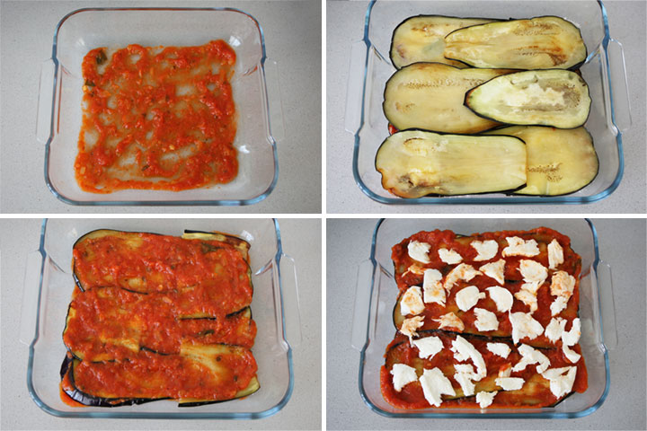 Colocar las berenjenas, el tomate y la mozzarella formando capas