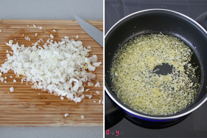 Picar la cebolla muy finita y pocharla con un poco de aceite de oliva