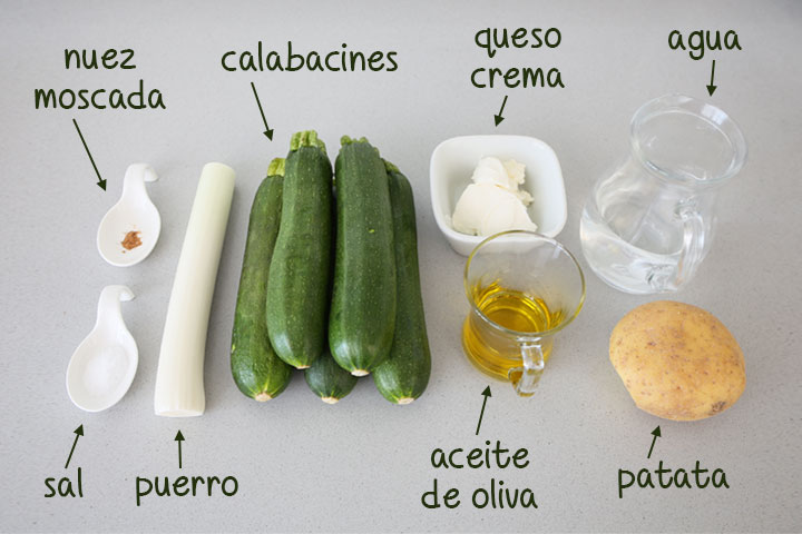 Ingredientes para hacer crema de calabacín y puerro