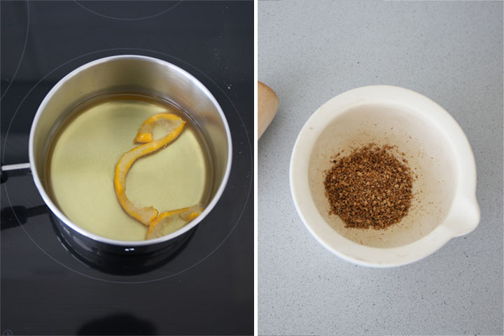 Freír la cáscara de naranja y machacar las especias en un mortero