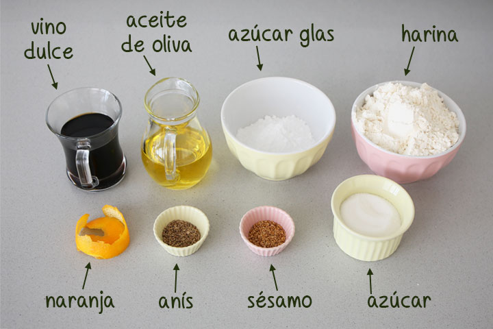 Ingredientes para hacer roscos de vino con aceite de oliva