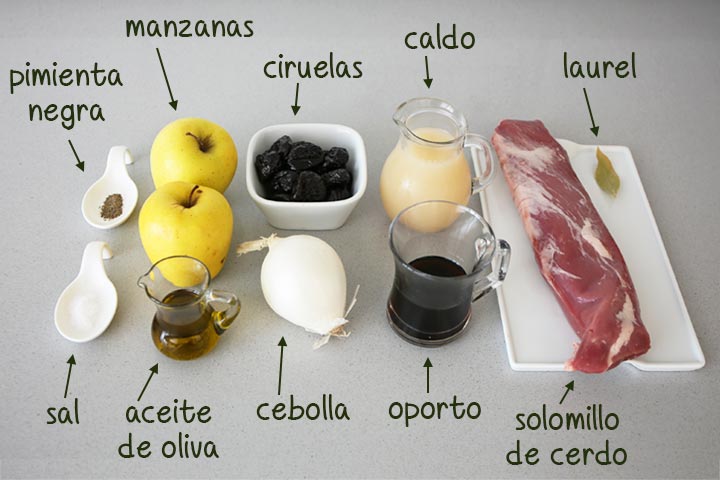 Ingredientes para hacer solomillo de cerdo al horno con manzanas y ciruelas