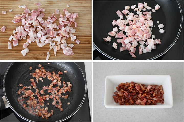 Bacon cotado en trozos pequeños y frito en su propia grasa