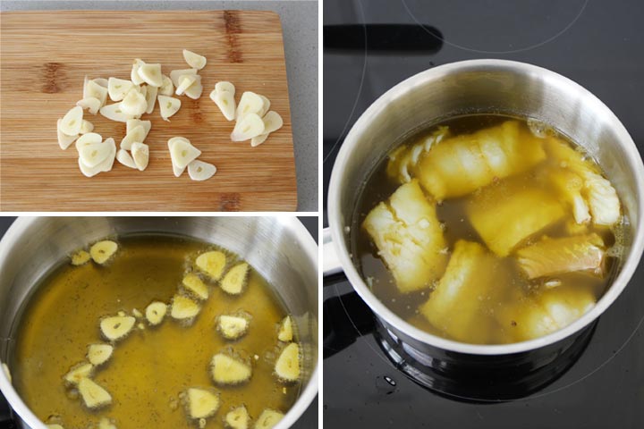 Ajos y bacalao cocinados en abundante aceite de oliva