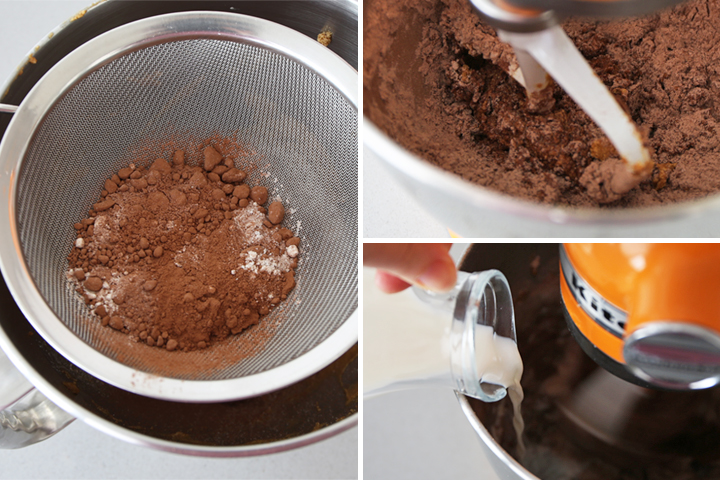 Incorporar harina, cacao y leche