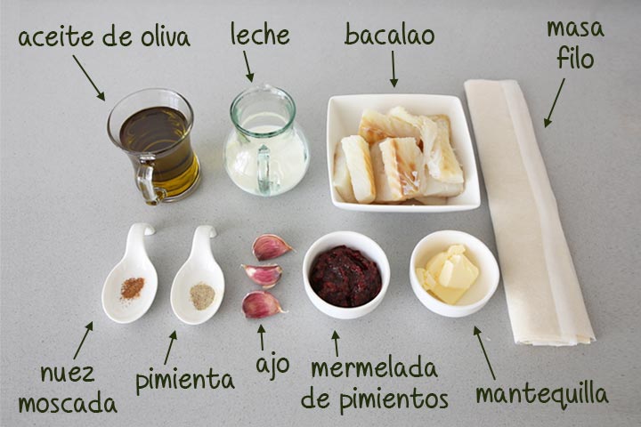 Ingredientes para hacer cestitas de brandada de bacalao con mermelada de pimientos
