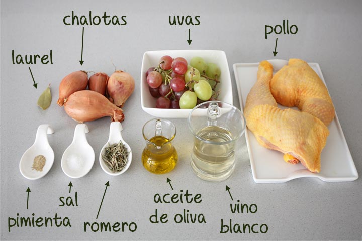 Ingredientes para hacer pollo al horno con uvas y chalotas