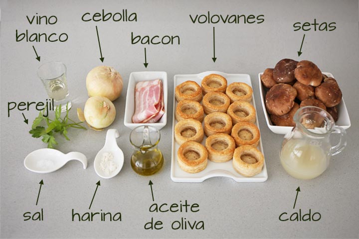 Ingredientes para hacer volovanes con setas y bacon