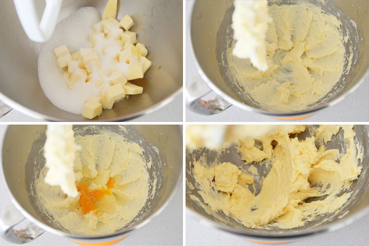 Mantequilla mezclada con azúcar y huevo en un robot de cocina