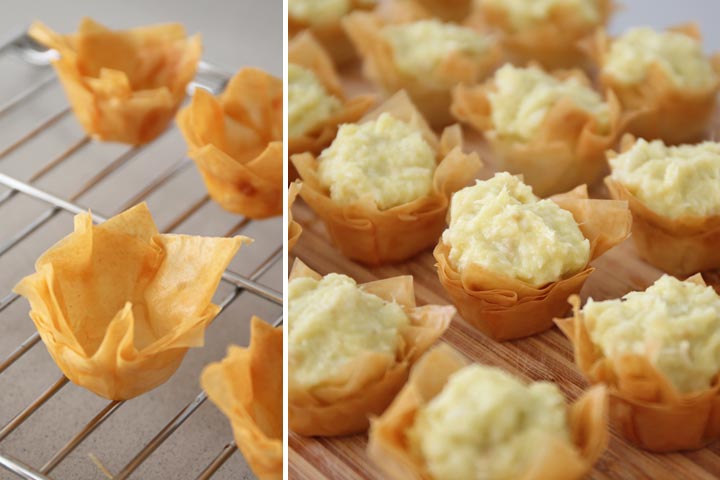 Canapés con masa filo de aspecto crujiente rellenos con brandada de bacalao