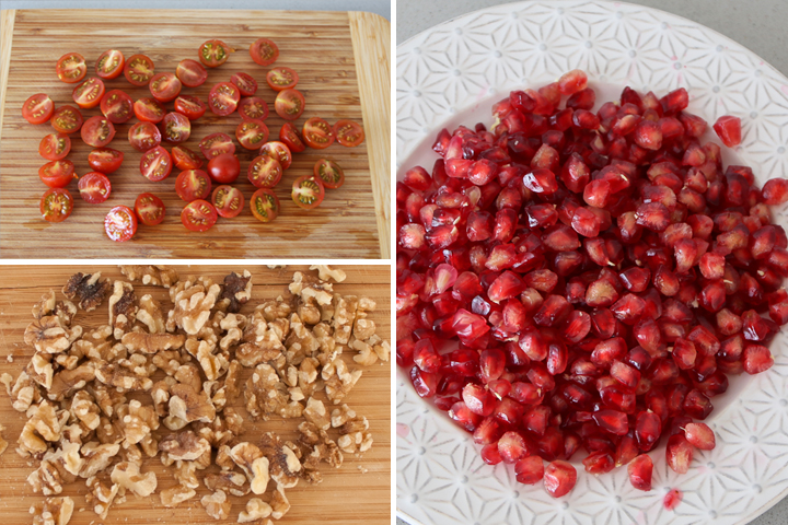 Tomates cherry partidos por la mitad, nueces troceadas y granos de granada