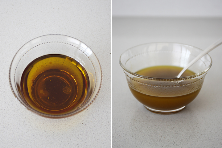 Cuenco de cristal con vinagreta de aceite de oliva, vinagre y miel