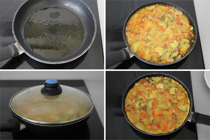 Tortilla paisana siendo cuajada en una sartén