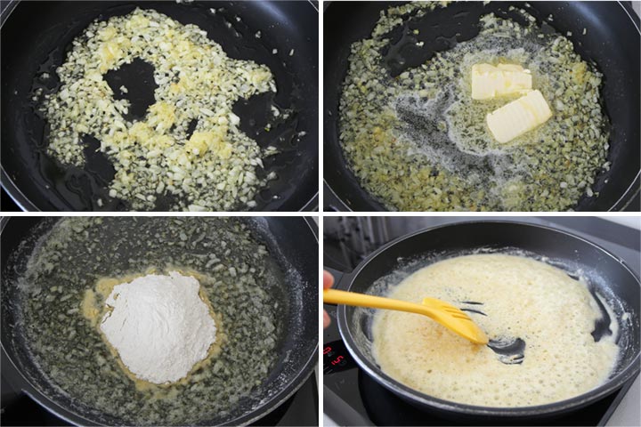 Pochar la cebolla en aceite, añadir la mantequilla y la harina