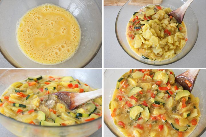 Mezcla de huevos batidos, verduras y patatas para hacer tortilla paisana