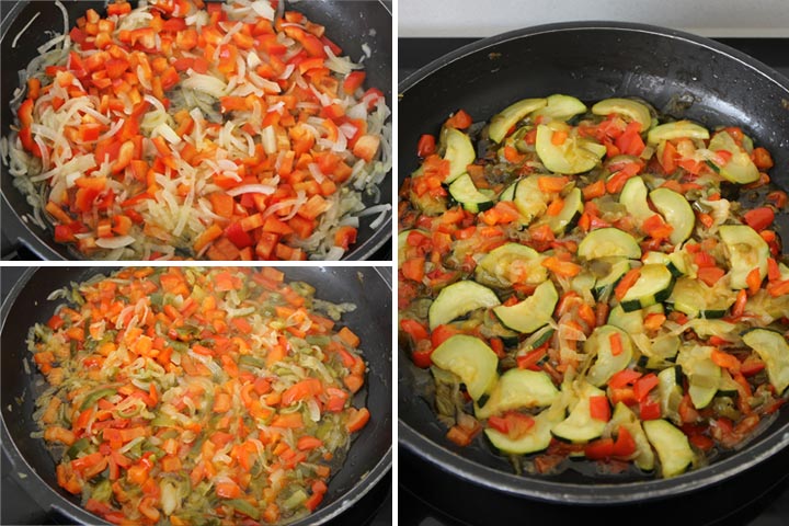 Verduras pochadas en una sartén grande con aceite de oliva