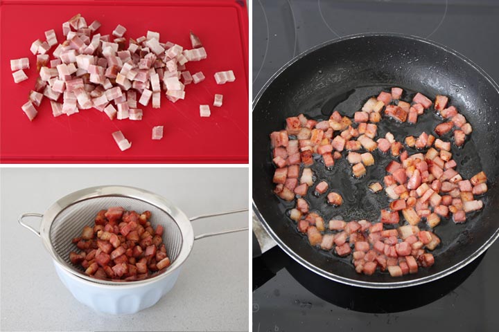 Daditos de bacon frito en una sartén