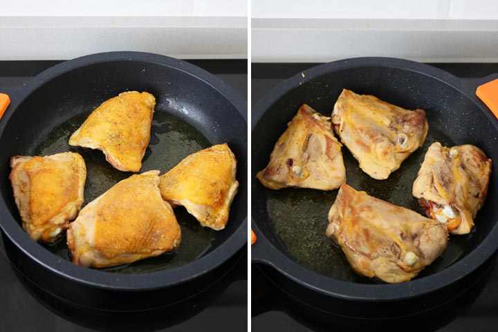 Contramuslos de pollo marcados en una cazuela con aceite de oliva