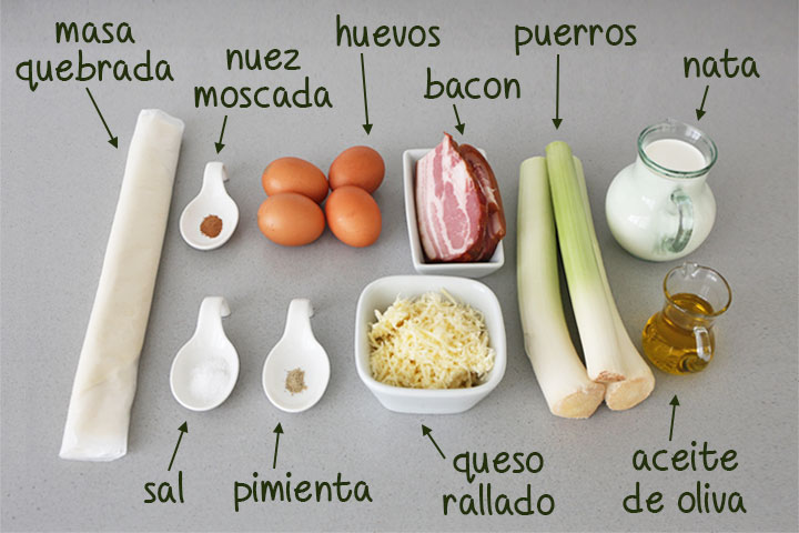 Ingredientes para hacer quiche de puerro y bacon