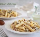 Pasta con setas, nata y jamón. Receta fácil y muy rica.