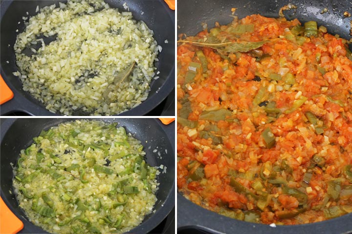 Sofrito con ajo, cebolla, laurel, pimiento verde y tomate