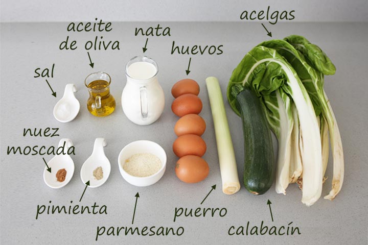 Ingredientes para hacer pastel de acelgas y calabacín