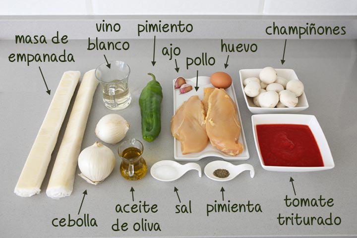 Ingredientes para hacer empanada de pollo y champiñones