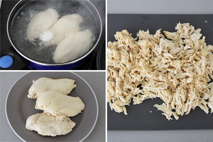 Pollo cocido y desmenuzado
