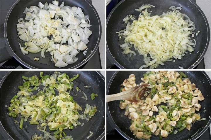Sofrito de cebolla, pimiento verde y champiñones