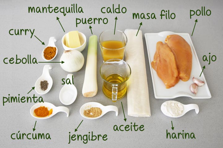 Ingredientes para hacer samosas de pollo al curry
