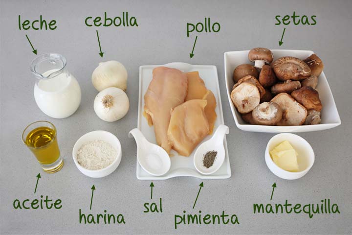 Ingredientes para hacer crepes de pollo y setas