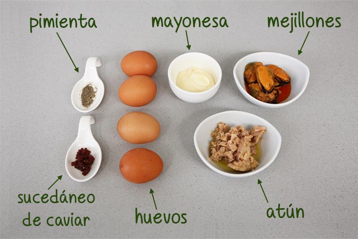 Ingredientes para hacer huevos rellenos de atún y mejillones
